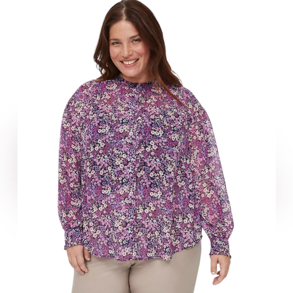 Lane Bryant Womens 18 Covered Button Blouse Top Floral Long Sleeve Sheer Purple